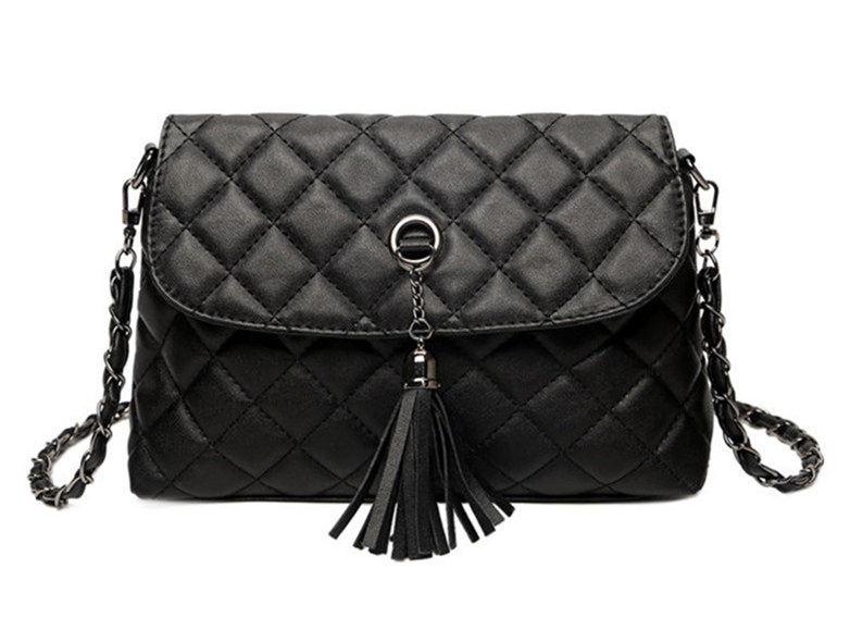 Cute Compact Tasseled Black Leather Women's Crossbody Bag